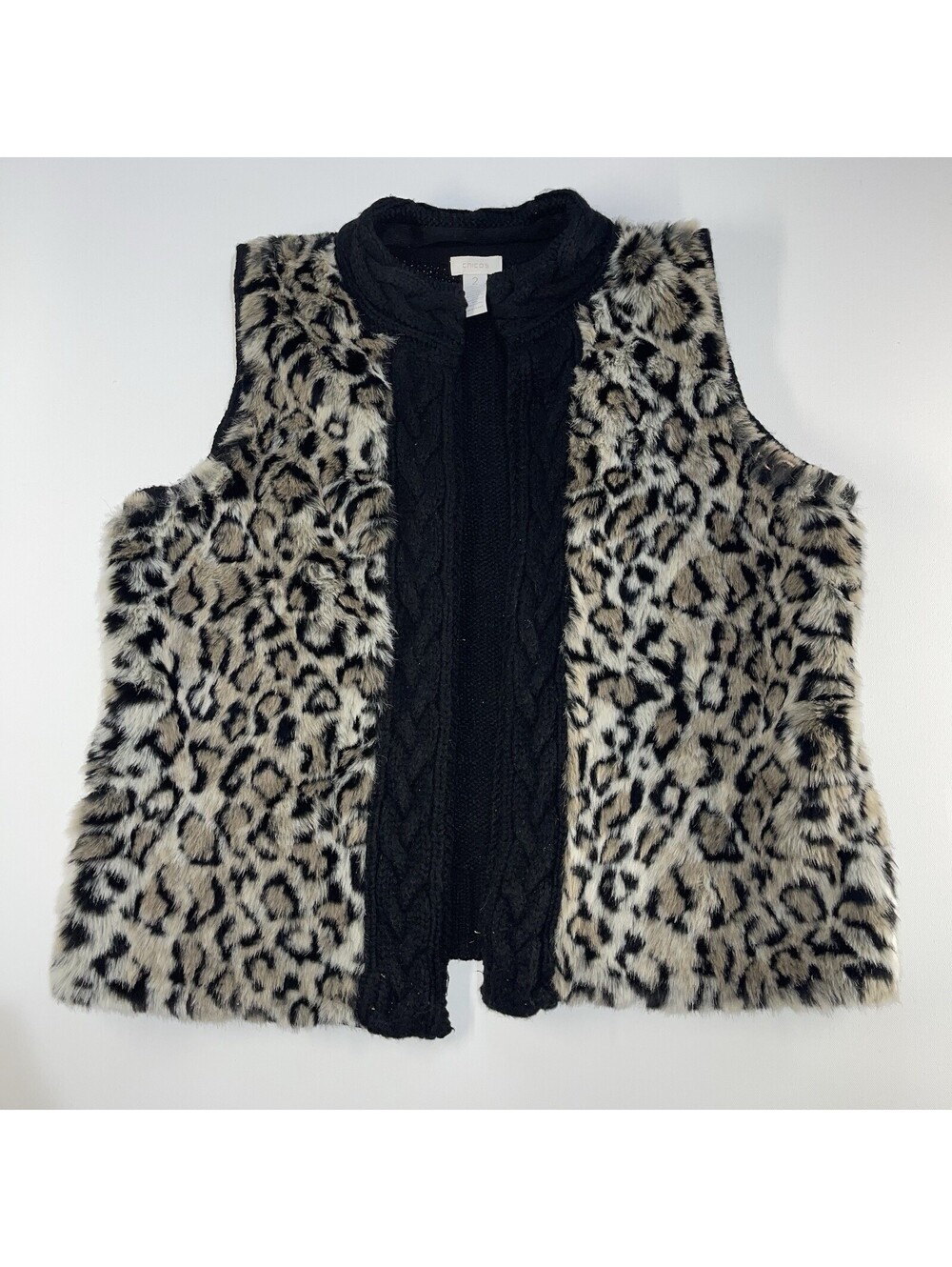 Chicos Black Gray Leopard Print Knit Vest Womens 2 US Large Faux Fur Snap Front
